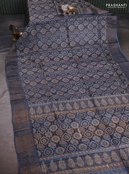 Grey Pure Tussar Saree - Ajrakh Prints