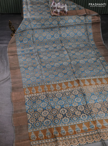 Grey Pure Tussar Saree - Ajrakh Prints