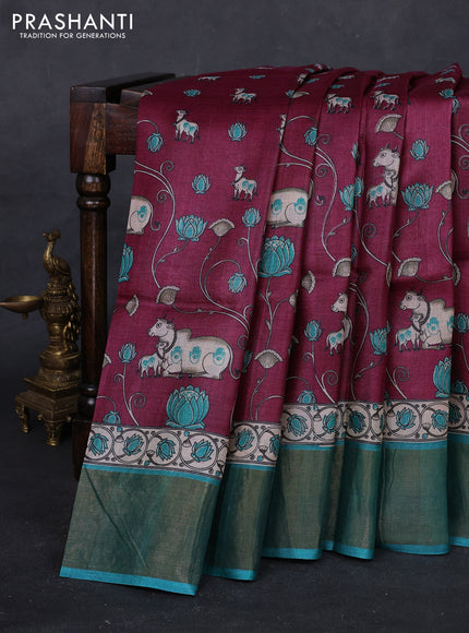 Wine & Teal Blue Pure Tussar Saree - Pichwai Prints
