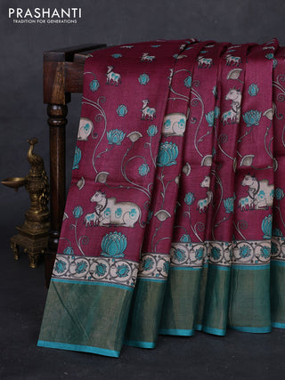 Wine & Teal Blue Pure Tussar Saree - Pichwai Prints