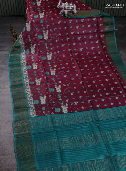Wine & Teal Blue Pure Tussar Saree - Pichwai Prints