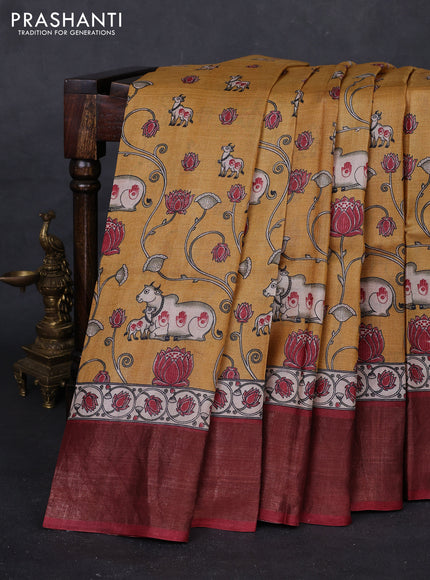 Mustard Yellow & Maroon Pure Tussar Saree - Pichwai Prints