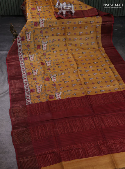 Mustard Yellow & Maroon Pure Tussar Saree - Pichwai Prints