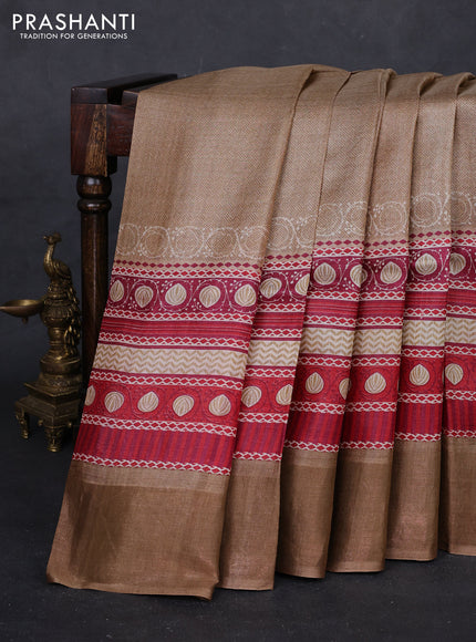 Brown & Red Pure Tussar Saree - Prints