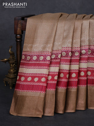 Brown & Red Pure Tussar Saree - Prints