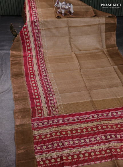 Brown & Red Pure Tussar Saree - Prints