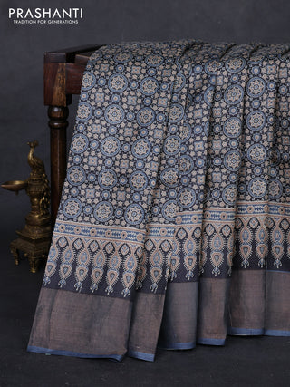 Black & Grey Pure Tussar Saree - Ajrakh Prints