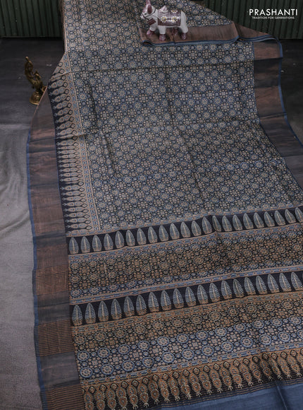 Black & Grey Pure Tussar Saree - Ajrakh Prints