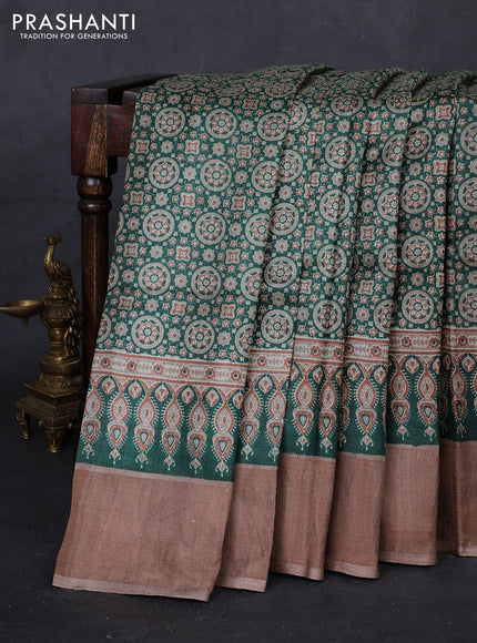 Green & Brown Pure Tussar Saree - Ajrakh Prints