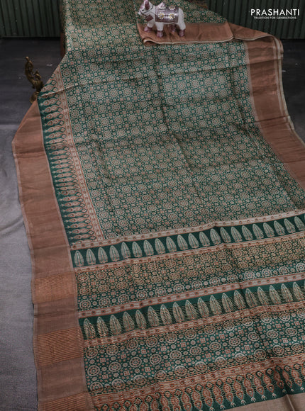 Green & Brown Pure Tussar Saree - Ajrakh Prints