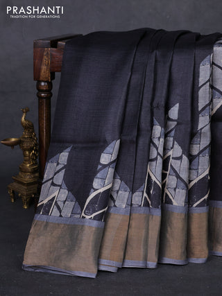 Black & Grey Pure Tussar Saree - Prints