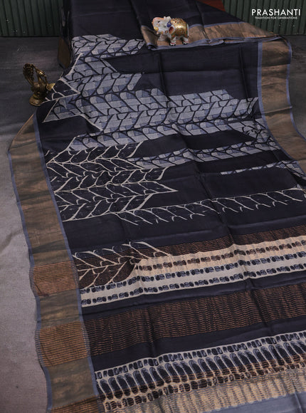 Black & Grey Pure Tussar Saree - Prints