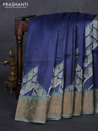 Blue & Pastel Green Pure Tussar Saree - Prints