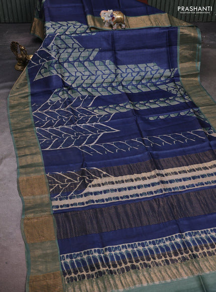 Blue & Pastel Green Pure Tussar Saree - Prints