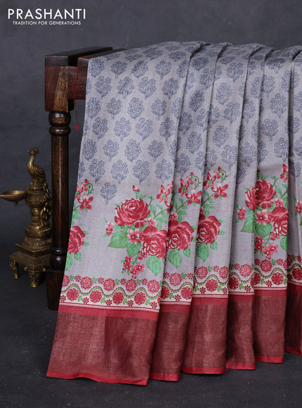 Grey & Red Pure Tussar Saree - Kalamkari Prints