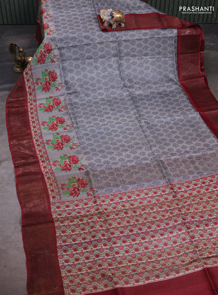 Grey & Red Pure Tussar Saree - Kalamkari Prints