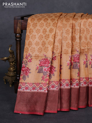 Mustard Yellow & Red Pure Tussar Saree - Kalamkari Prints