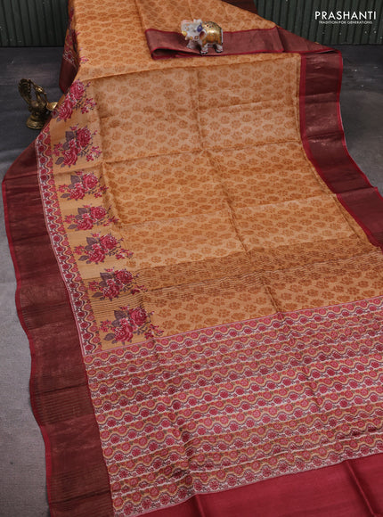 Mustard Yellow & Red Pure Tussar Saree - Kalamkari Prints