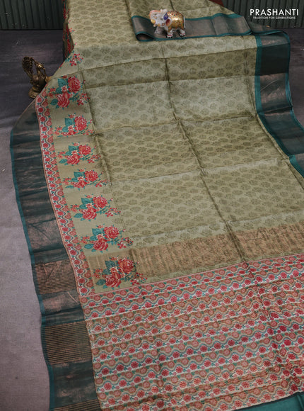 Elaichi Green & Green Pure Tussar Saree - Kalamkari Prints