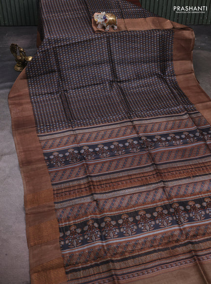 Black & Brown Pure Tussar Saree - Prints