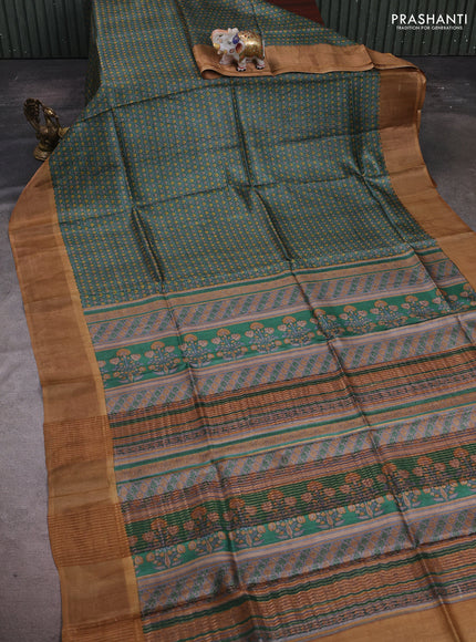 Green & Mustard Yellow Pure Tussar Saree - Prints