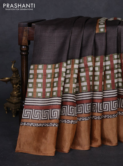 Brown & Mustard Yellow Pure Tussar Saree - Geometric Prints