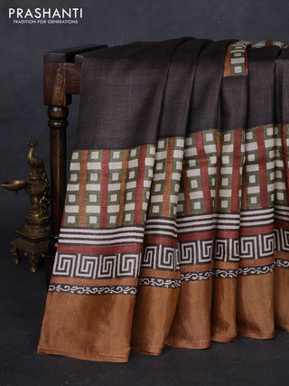 Brown & Mustard Yellow Pure Tussar Saree - Geometric Prints