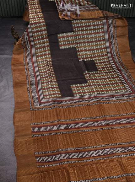Brown & Mustard Yellow Pure Tussar Saree - Geometric Prints
