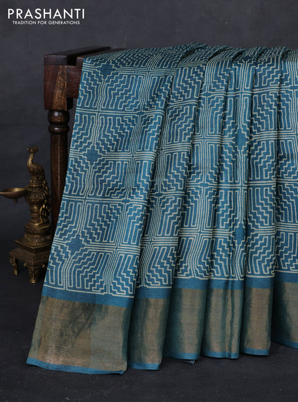 Peacock Green Pure Tussar Saree - Geometric Prints