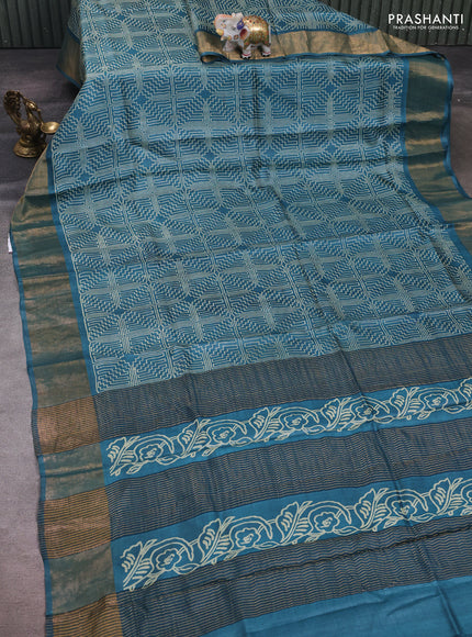 Peacock Green Pure Tussar Saree - Geometric Prints