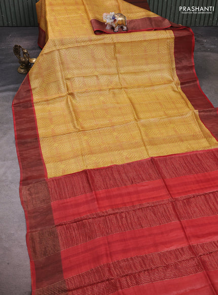 Yellow & Red Pure Tussar Saree - Geometric Prints