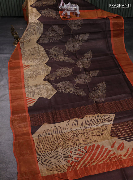 Coffee Brown & Orange Pure Tussar Saree - Prints