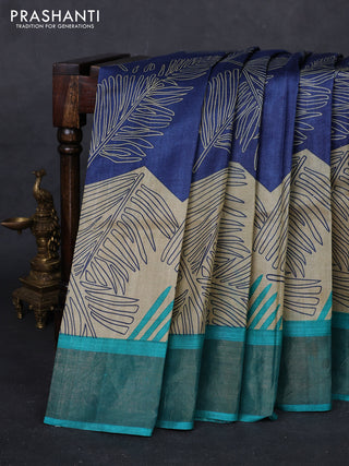 Blue & Teal Green Pure Tussar Saree - Prints