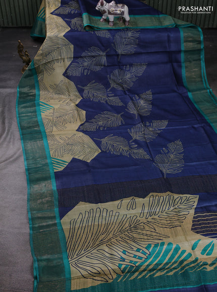 Blue & Teal Green Pure Tussar Saree - Prints