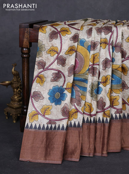 Beige & Brown Pure Tussar Saree - Kalamkari Prints