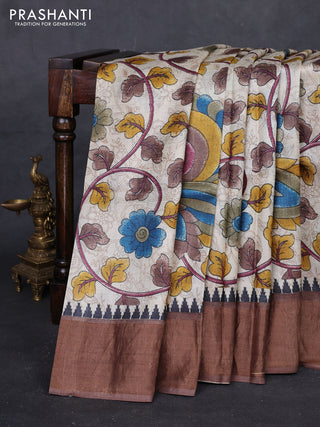 Beige & Brown Pure Tussar Saree - Kalamkari Prints
