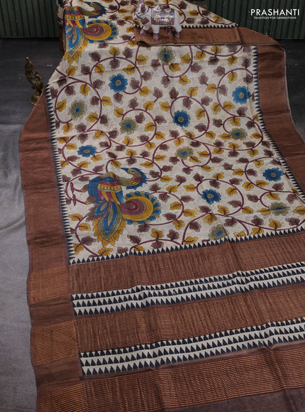 Beige & Brown Pure Tussar Saree - Kalamkari Prints