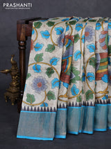 Beige & Teal Blue Pure Tussar Saree - Kalamkari Prints