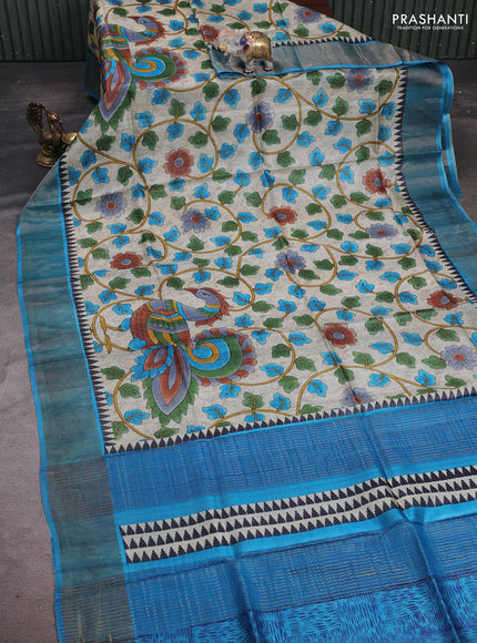 Beige & Teal Blue Pure Tussar Saree - Kalamkari Prints
