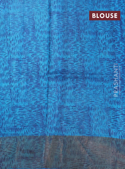 Beige & Teal Blue Pure Tussar Saree - Kalamkari Prints