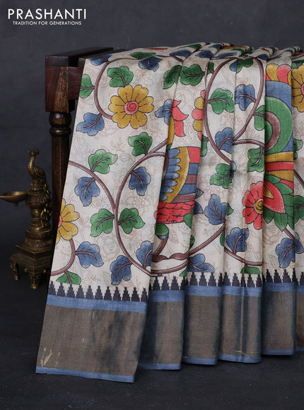 Beige & Grey Pure Tussar Saree - Kalamkari Prints