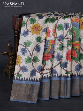 Beige & Grey Pure Tussar Saree - Kalamkari Prints