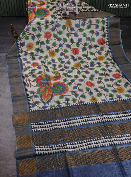Beige & Grey Pure Tussar Saree - Kalamkari Prints