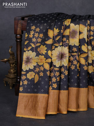 Black & Mustard Pure Tussar Saree - Kalamkari Prints