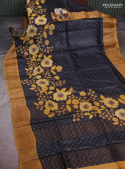 Black & Mustard Pure Tussar Saree - Kalamkari Prints