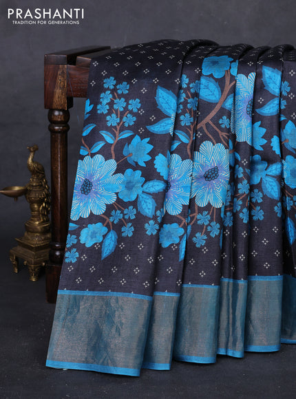 Black & Teal Blue Pure Tussar Saree - Kalamkari Prints