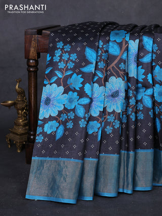 Black & Teal Blue Pure Tussar Saree - Kalamkari Prints