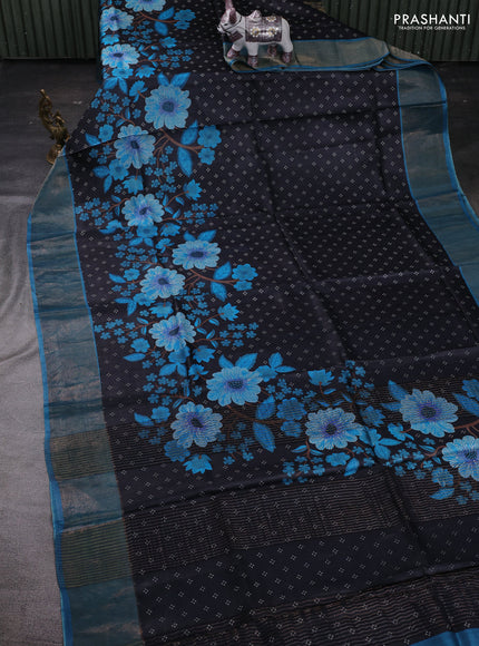 Black & Teal Blue Pure Tussar Saree - Kalamkari Prints