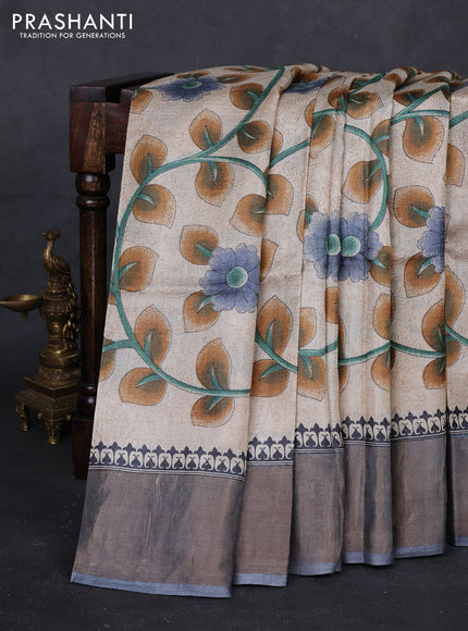 Beige & Grey Pure Tussar Saree - Kalamkari Prints