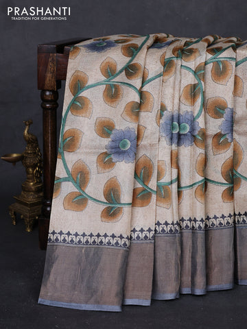 Beige & Grey Pure Tussar Saree - Kalamkari Prints